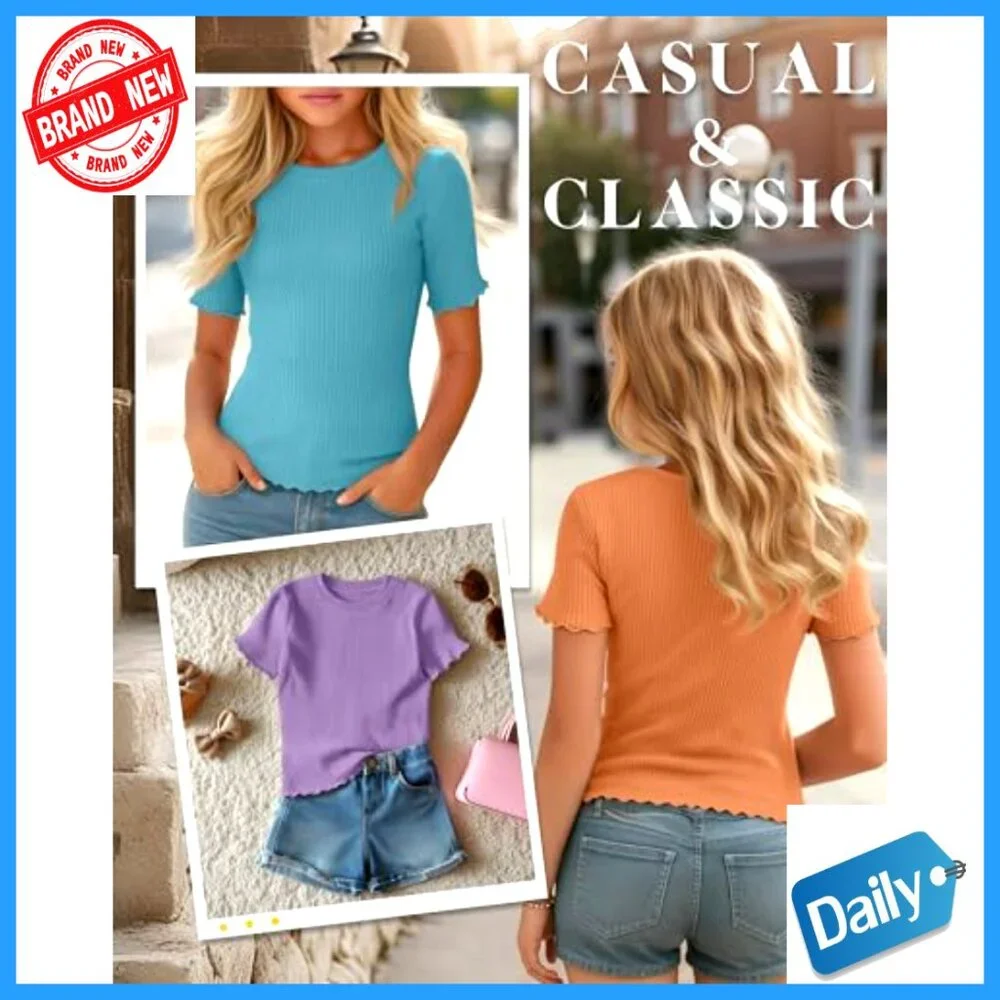 Girls' 3 Pack Ribbed Short Sleeve Tees Crew Neck Lettuce Trim Tops